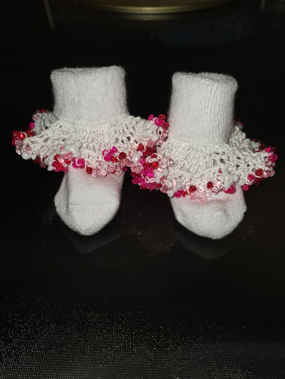 Carter's White Baby Anklet Socks with Pink and Red Beaded Ruffle